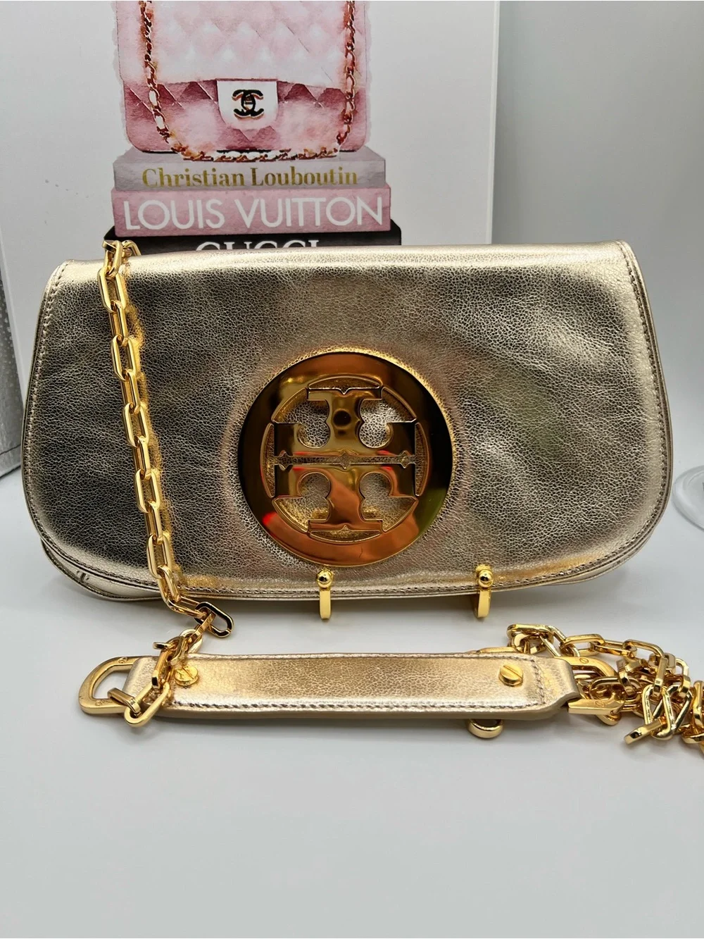 Tory Burch Gold Metallic Leather Clutch & Crossbody Bag